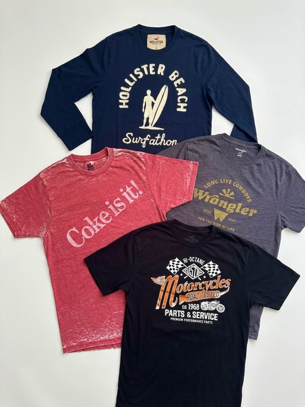 Bundle of 4 Classic Graphic Tees- Lucky Brand/Hollister/Wrangler